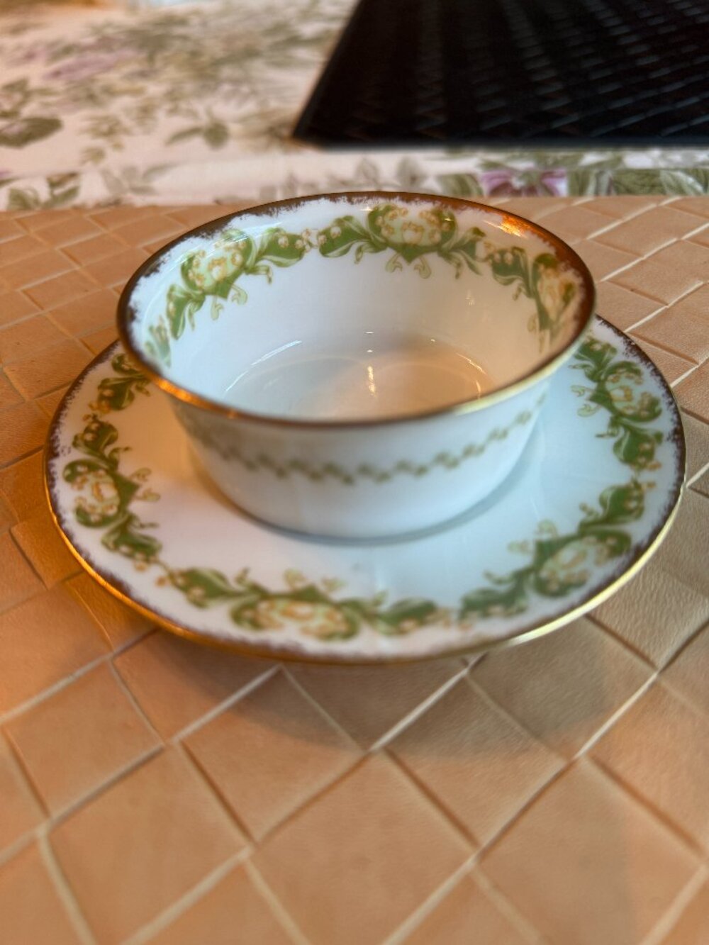 Elite Works Limoges France Small Ramekin & Sauce White wi Green/Yellow Design